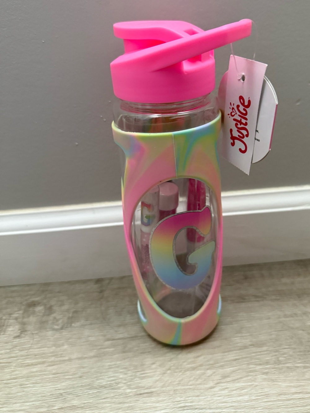 Justice Pink Lid Iridescent Sleeve Water Bottle with G Detail